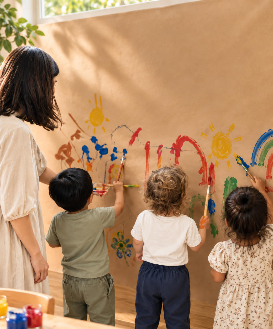 Children painting collaboratively with an educator at Veridian