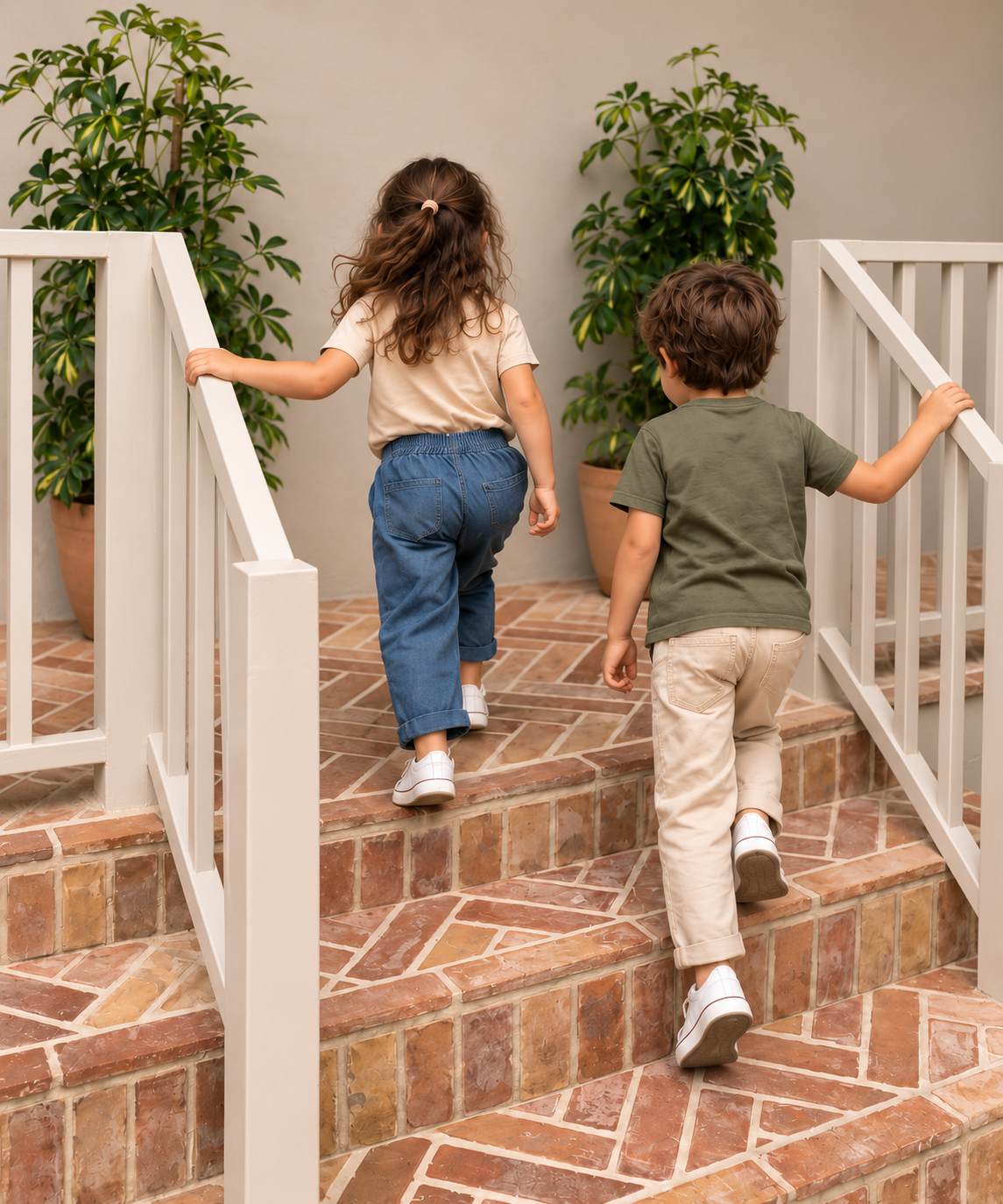Two children walking independently up the stairs at Veridian International School