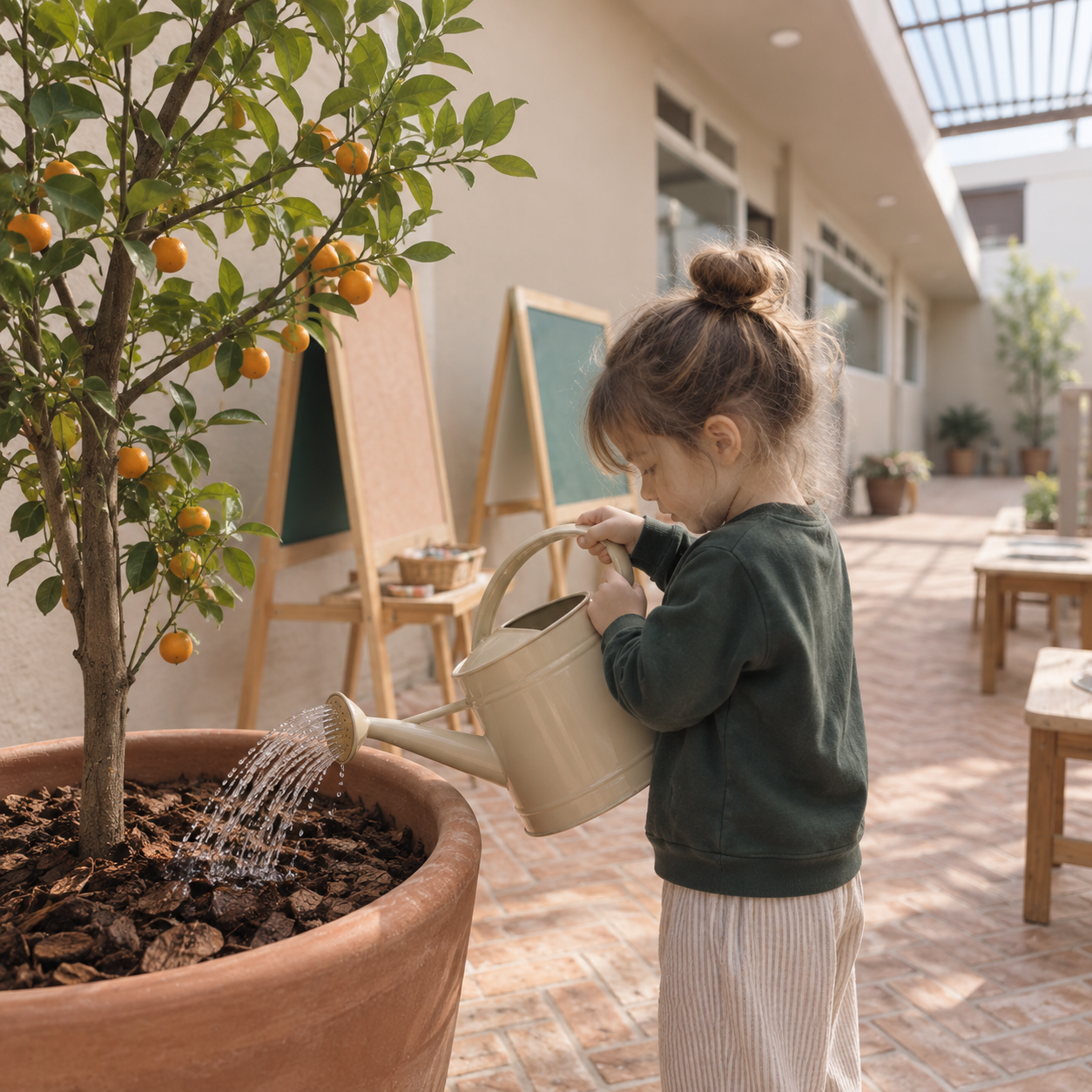 Young child caring for a citrus tree in Veridian's nature-based learning environment