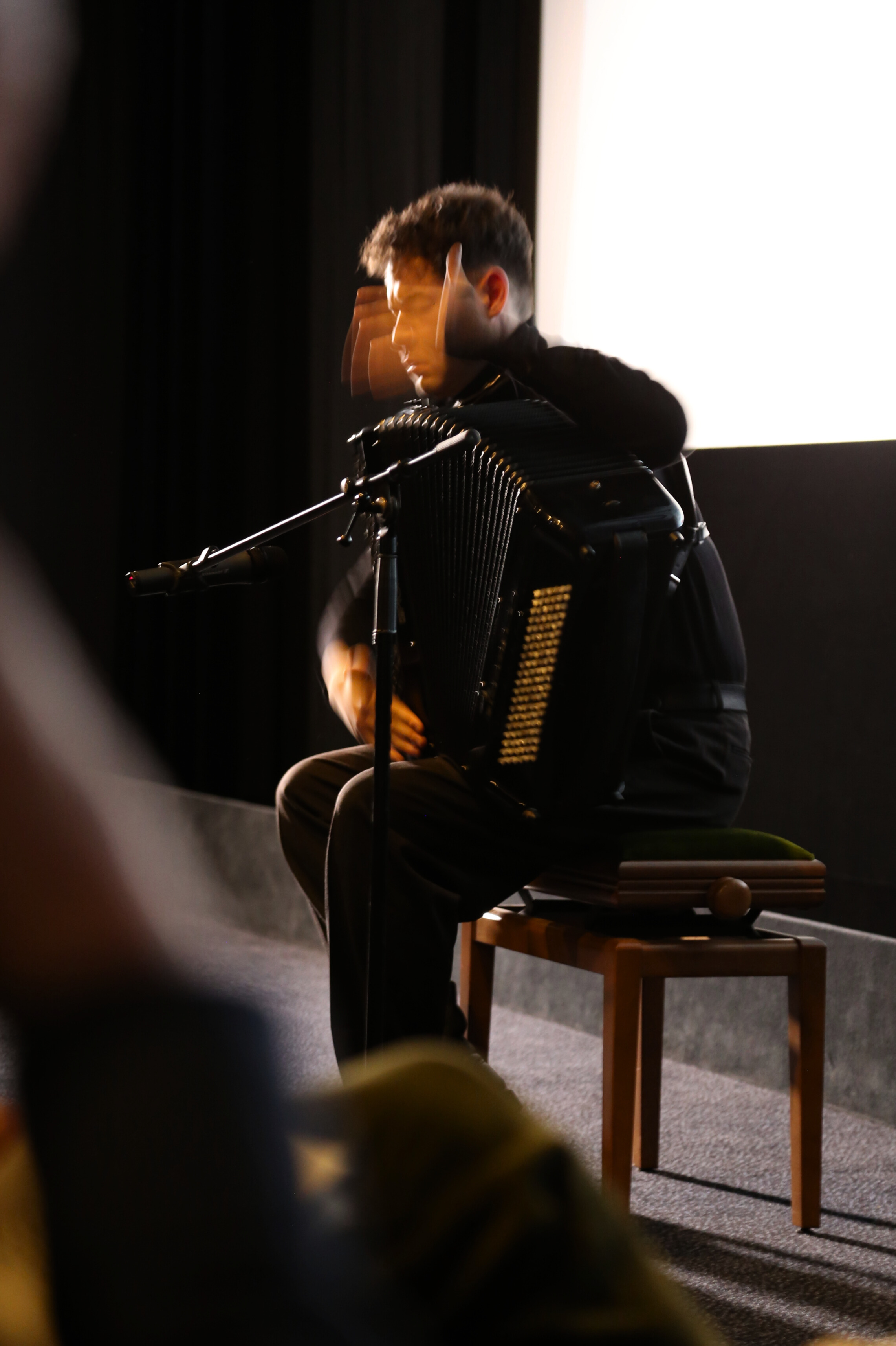 Ein Akkordeonist spielt live vor der Leinwand