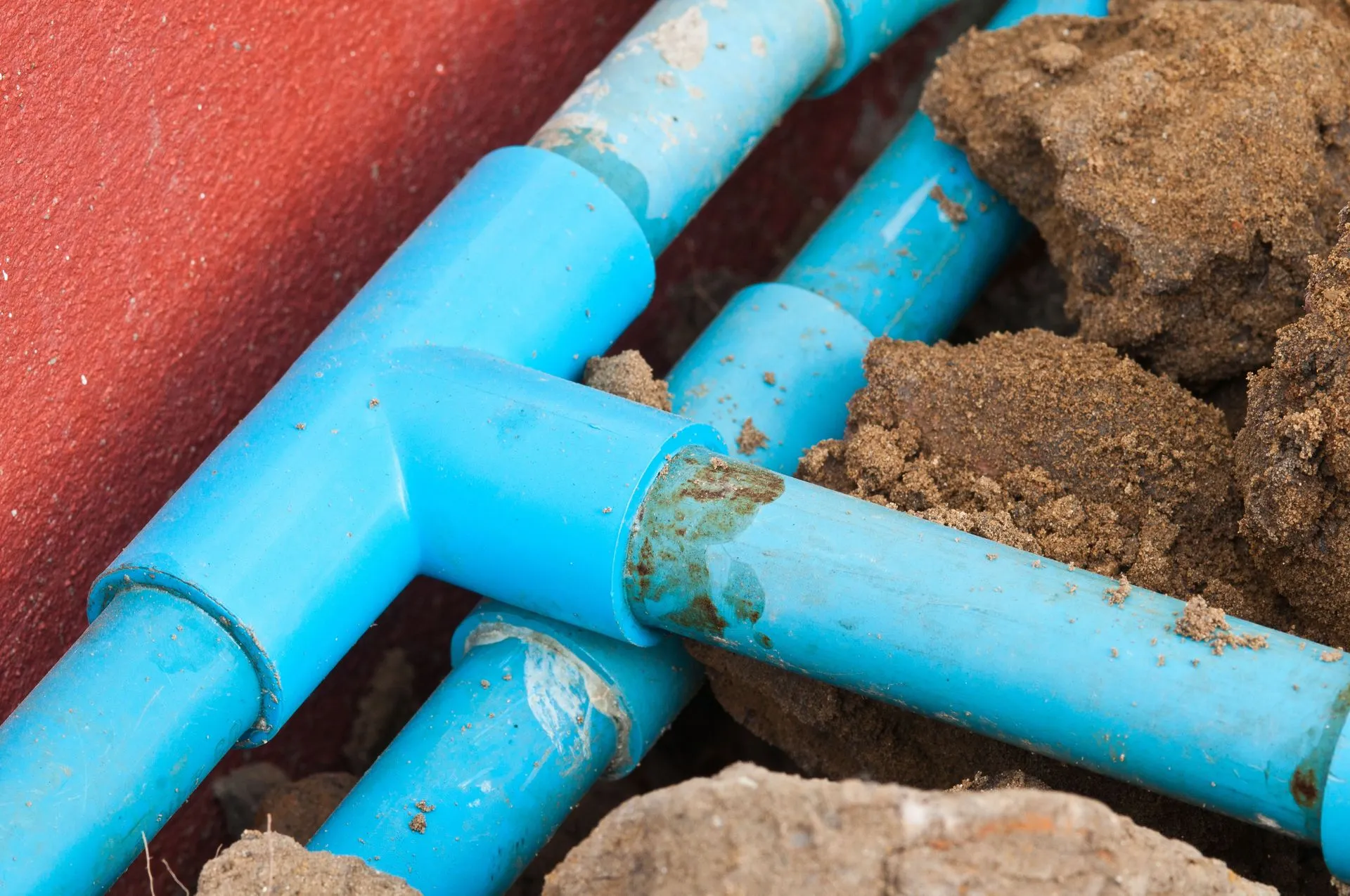 Blue PVC water pipes connected with fittings partially buried in soil against a red wall.