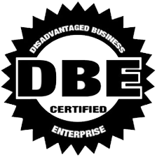 Black and white circular badge with a starburst edge featuring the bold letters DBE in the center, and the words Disadvantaged Business Enterprise Certified around the letters.