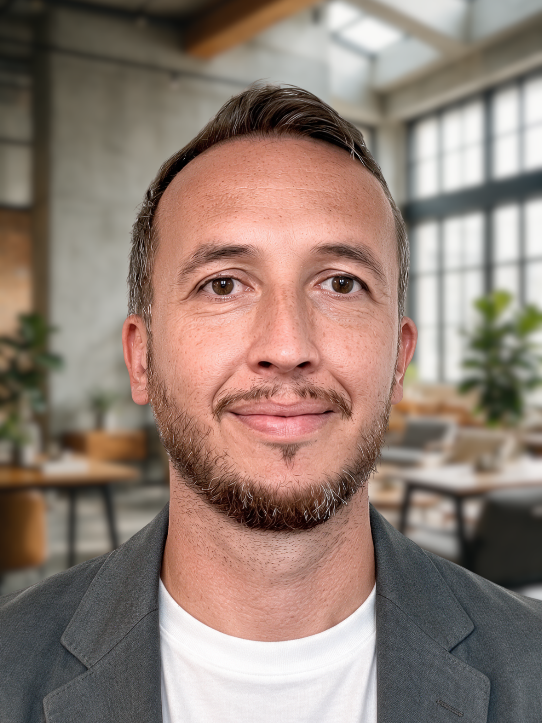 Mitarbeiterfoto eines Mannes mit Office-Hintergrund.