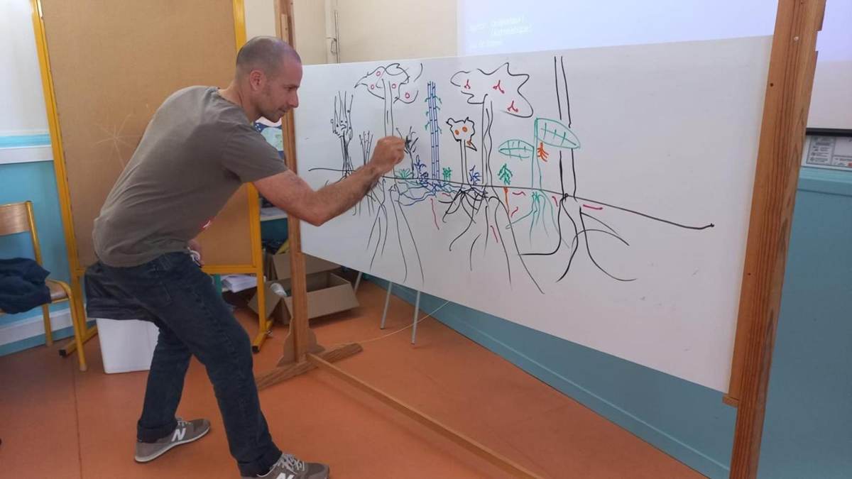 Alexis dessinant un plan de forêt-jardin au tableau devant une classe