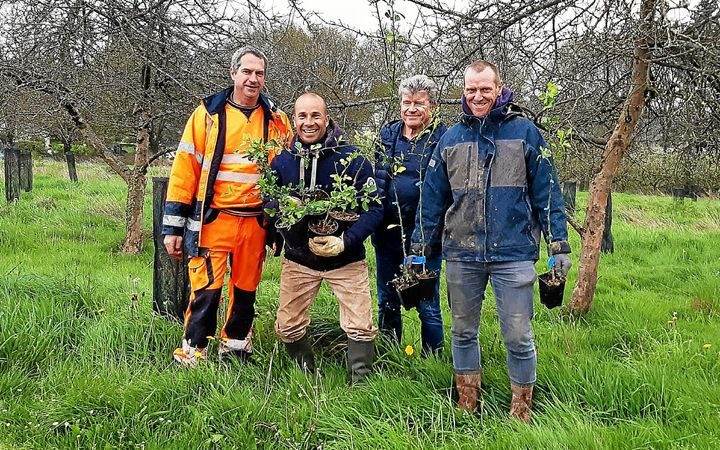 L'équipe des planteurs, plants en main, sous les pommiers