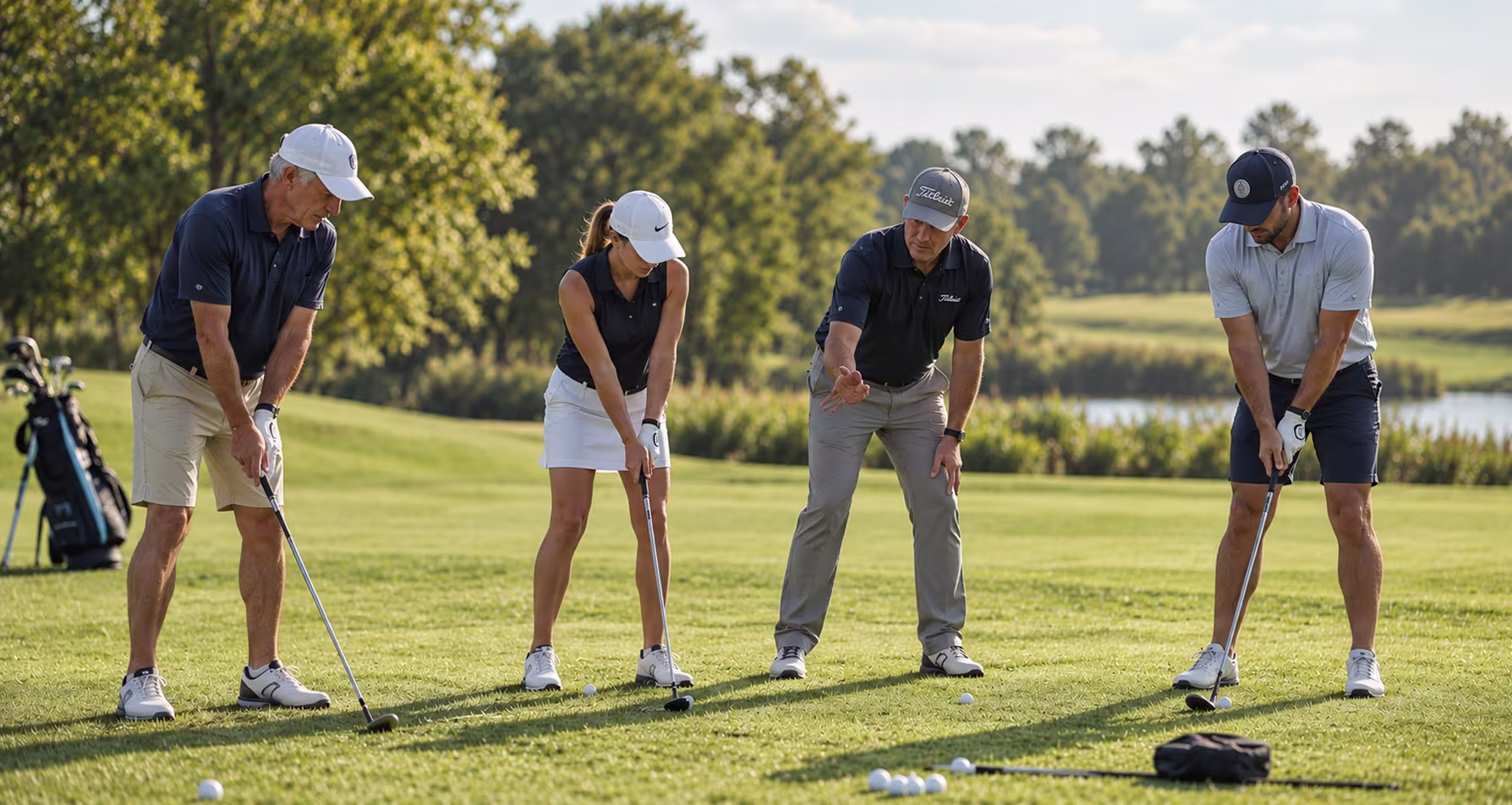 Small group of golfers practicing their swing together with a coach on the driving range