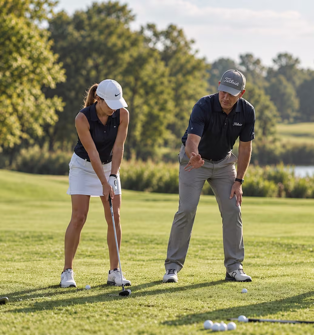 Small group of golfers practicing their swing together with a coach on the driving range