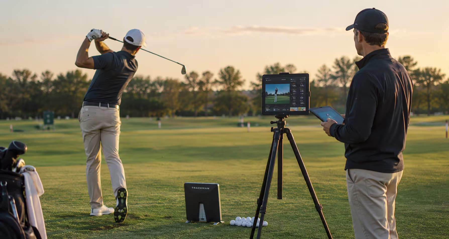 Golf coach reviewing swing data on a launch monitor screen with a player on the range