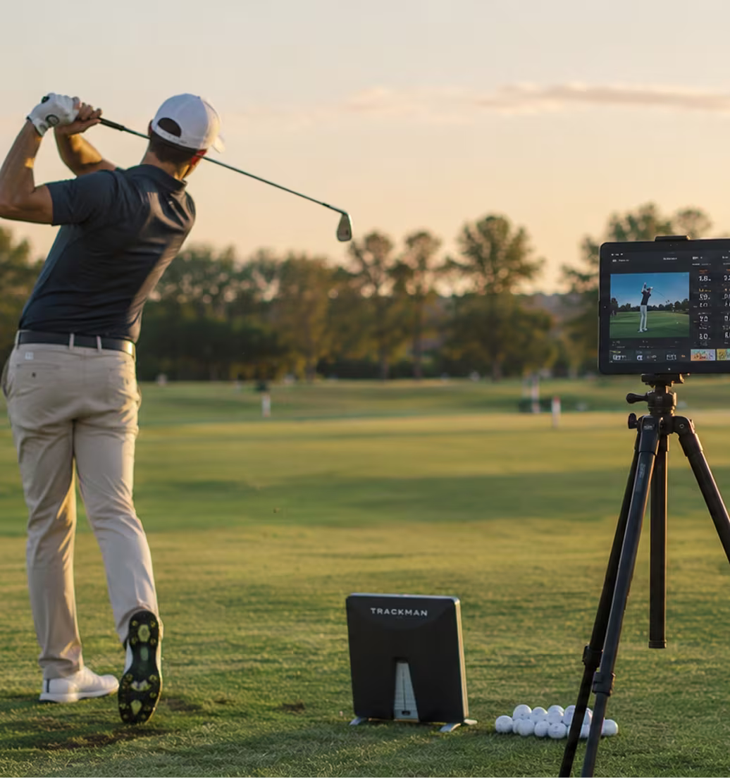 Golf coach reviewing swing data on a launch monitor screen with a player on the range