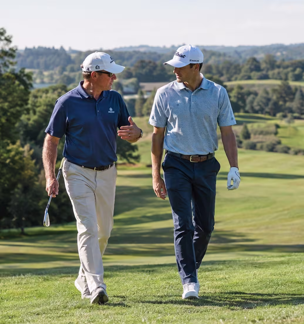 Golf coach and player walking together across the fairway discussing course strategy