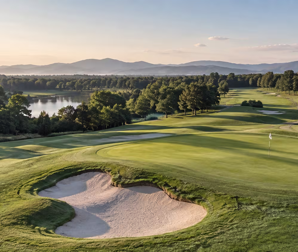 Elevated view of a manicured golf course green surrounded by trees and a bunker