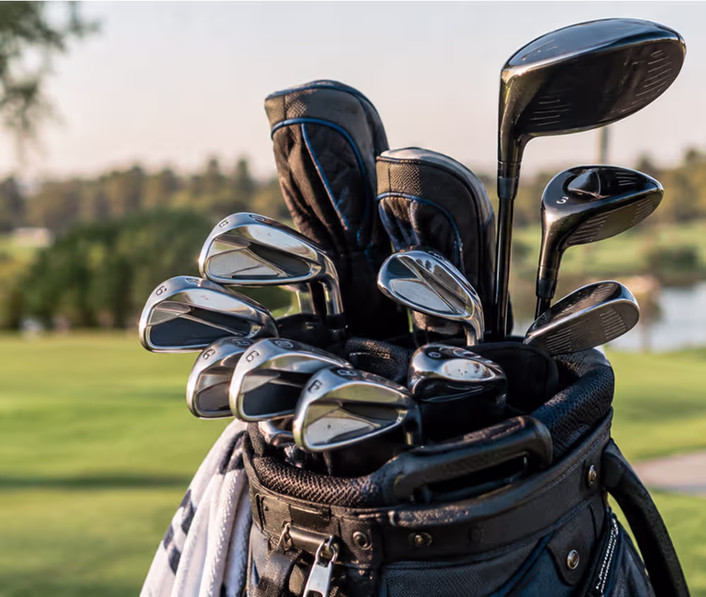 Open golf bag filled with a full set of clubs resting on green grass