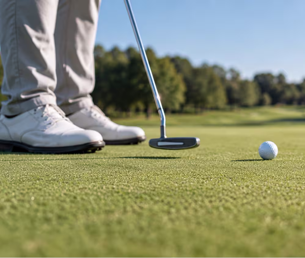 Close-up of a golfer's feet and putter mid-stroke on a putting green