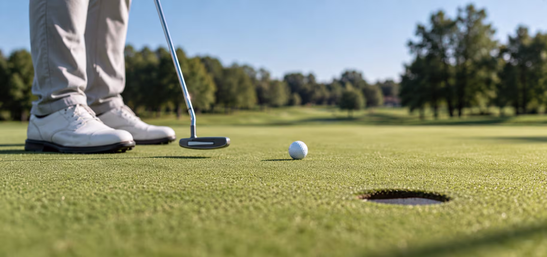 Close-up of a golfer's feet and putter mid-stroke on a putting green