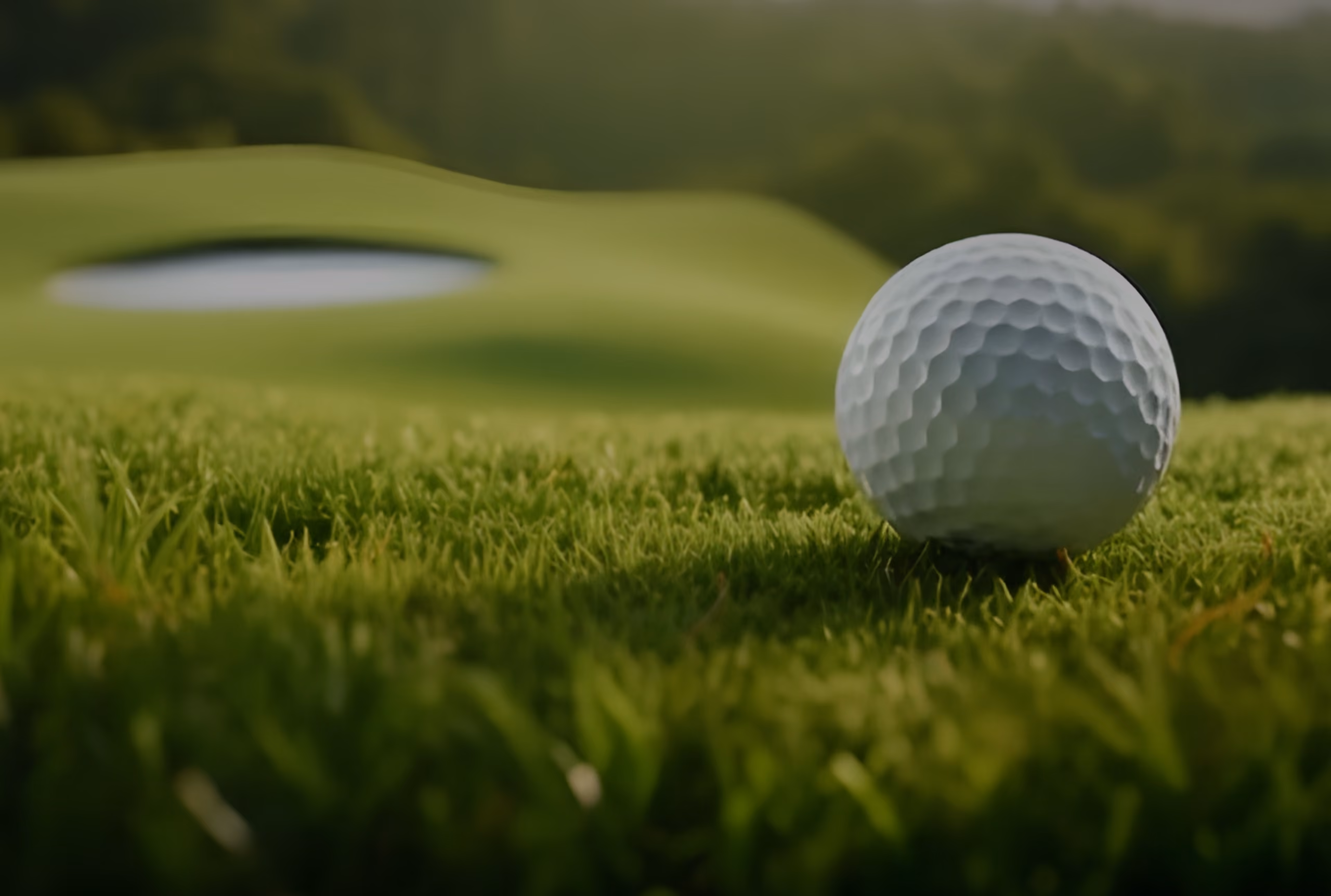 Close-up of a white golf ball resting on green grass on a golf course, with a sand bunker and trees visible in the blurred background.