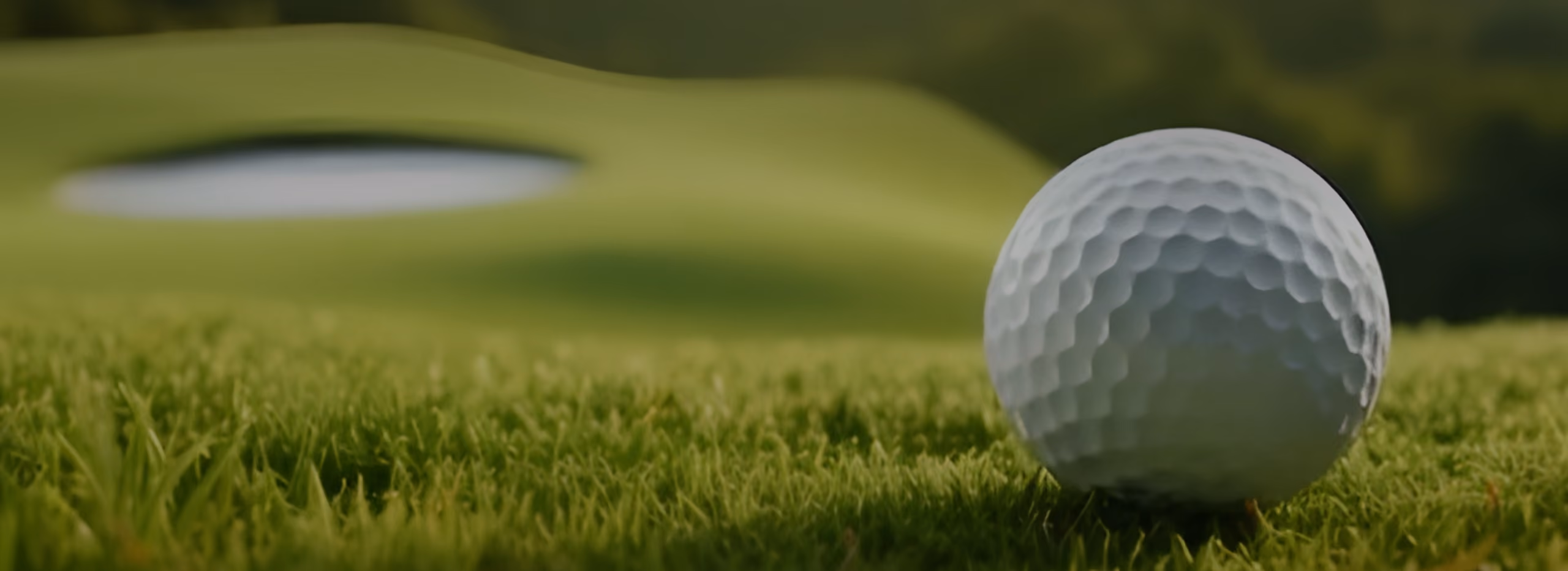 Close-up of a golf ball resting on green grass with a golf hole and putting green visible in the blurred background.