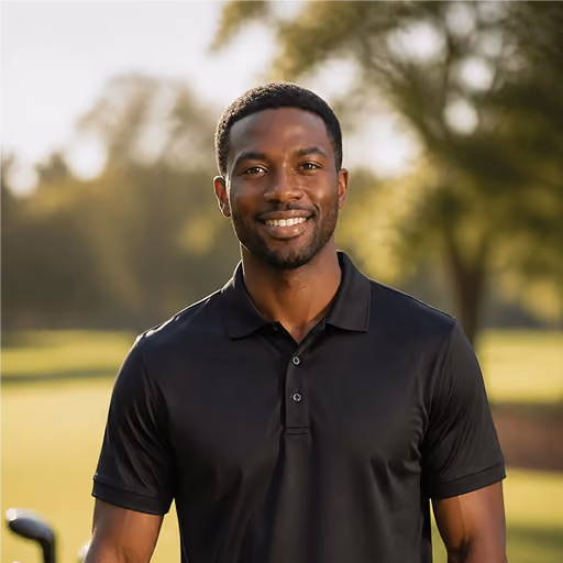 Smiling man wearing a black polo shirt standing outdoors on a sunny day with a blurred green background.