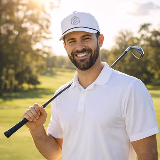 Smiling man wearing a white polo shirt and white baseball cap holding a golf club over his shoulder on a sunny golf course.