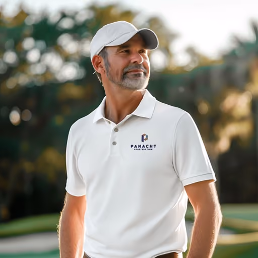 Middle-aged man with a beard wearing a white cap and a white polo shirt with Panact Construction logo, standing outdoors with blurred green trees in the background, looking slightly to the side with a gentle smile.