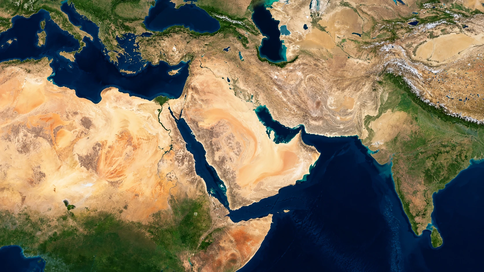 Satellite view of the Middle East and surrounding regions