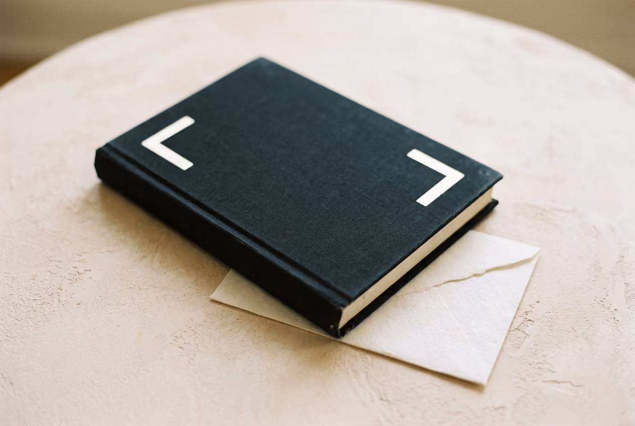 Closed black hardcover book with white corner brackets on the cover resting on a light beige round textured surface with a white envelope partially underneath it.