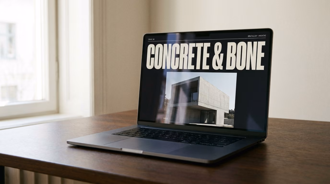 Laptop on a wooden table displaying a webpage titled 'CONCRETE & BONE' with an image of a modern concrete building.