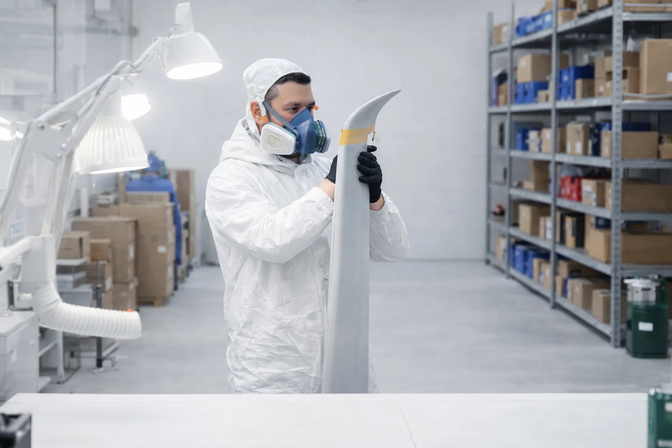 Worker in protective gear inspecting a large metallic part in a clean industrial warehouse with shelves and boxes.