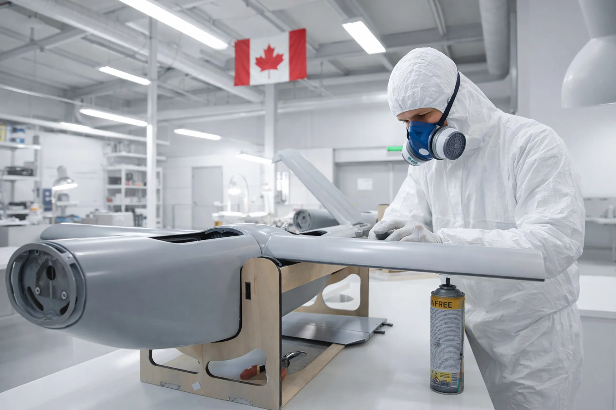 Person in protective suit and respirator inspecting or assembling a drone wing in a bright workshop with a Canadian flag hanging in the background.