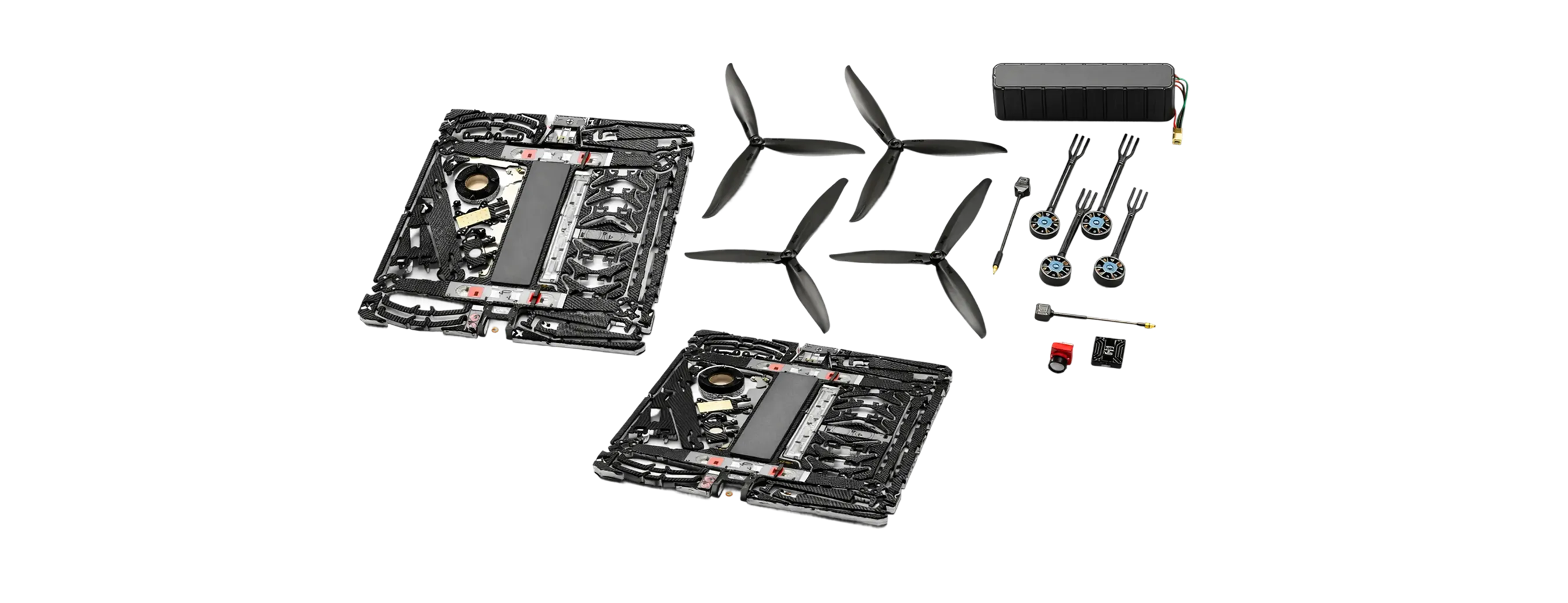 Components of a drone, including two square carbon fiber frames, four dual-blade propellers, four motors with wiring, a battery pack, and a control switch.