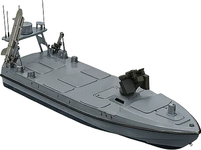 Small gray unmanned surface vessel with mounted equipment and antennae.