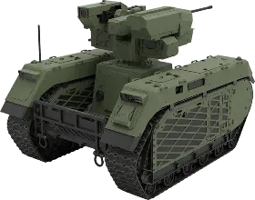 Green military tank robot with tracked wheels and mounted turret.