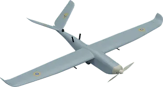 Gray drone airplane with long wingspan and twin tail fins, viewed from above.