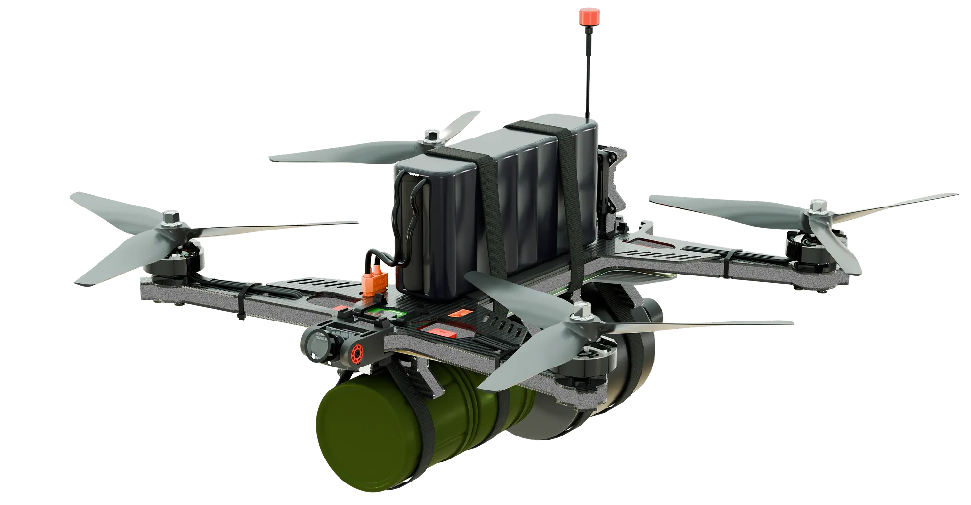 Four-propeller drone equipped with a black rectangular battery on top and a green cylindrical object secured underneath.