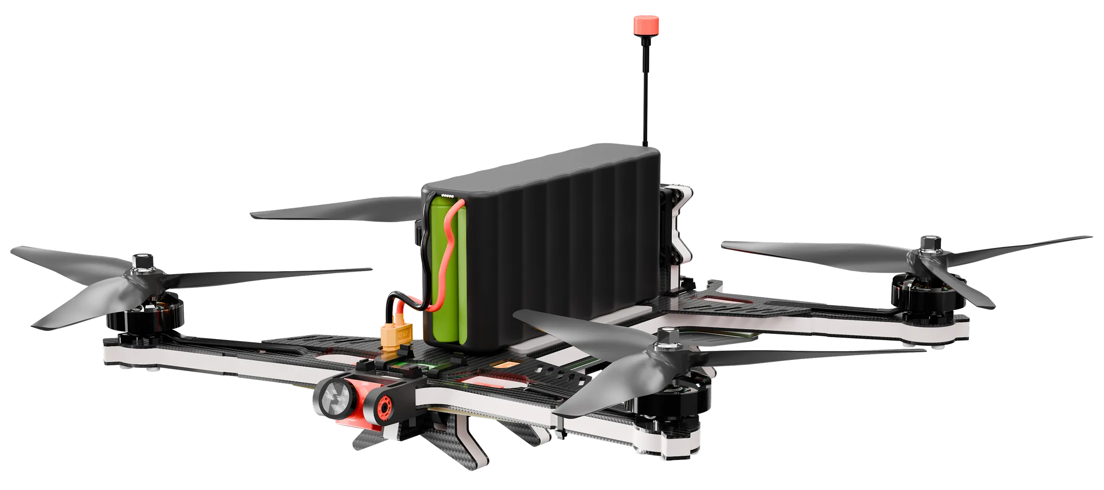 Racing drone with four propellers, a front camera, and a large battery pack mounted on a carbon fiber frame.