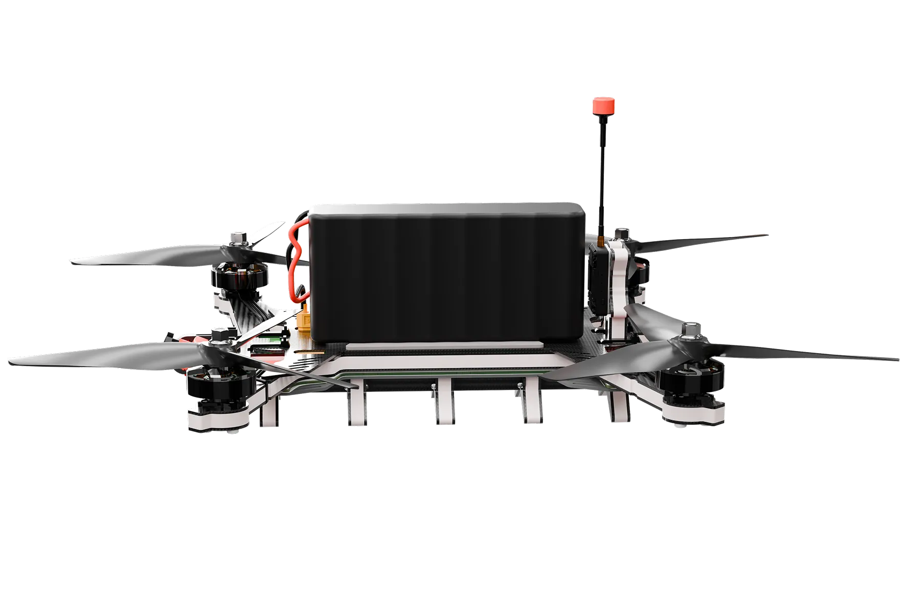 Quadcopter drone frame with four propellers, central battery pack, and rear antenna on a black background.