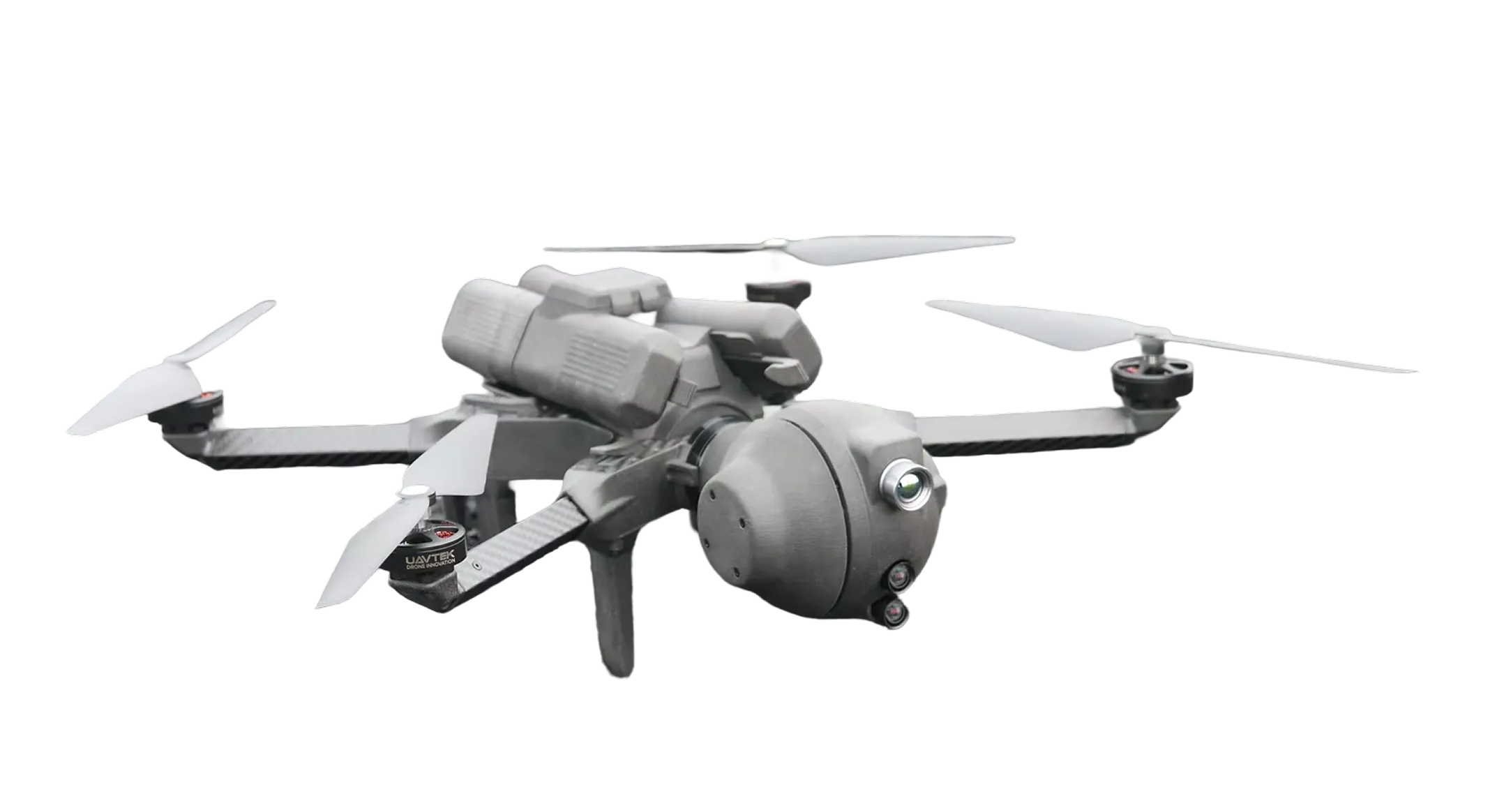 グレーのカメラとプロペラを備えたハイテク四軸ドローン。