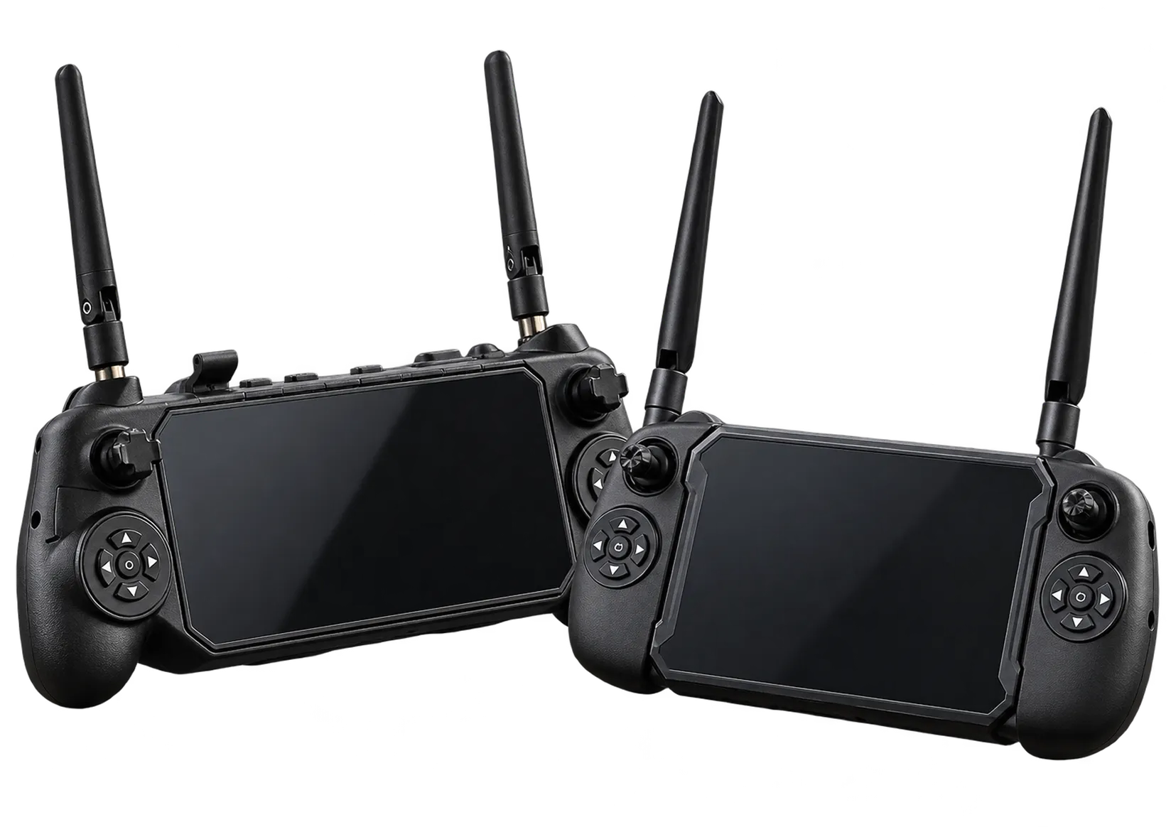 アンテナ付きのスマートフォンスタイルの黒いハンドヘルドゲームコントローラーが2台並んでいる。