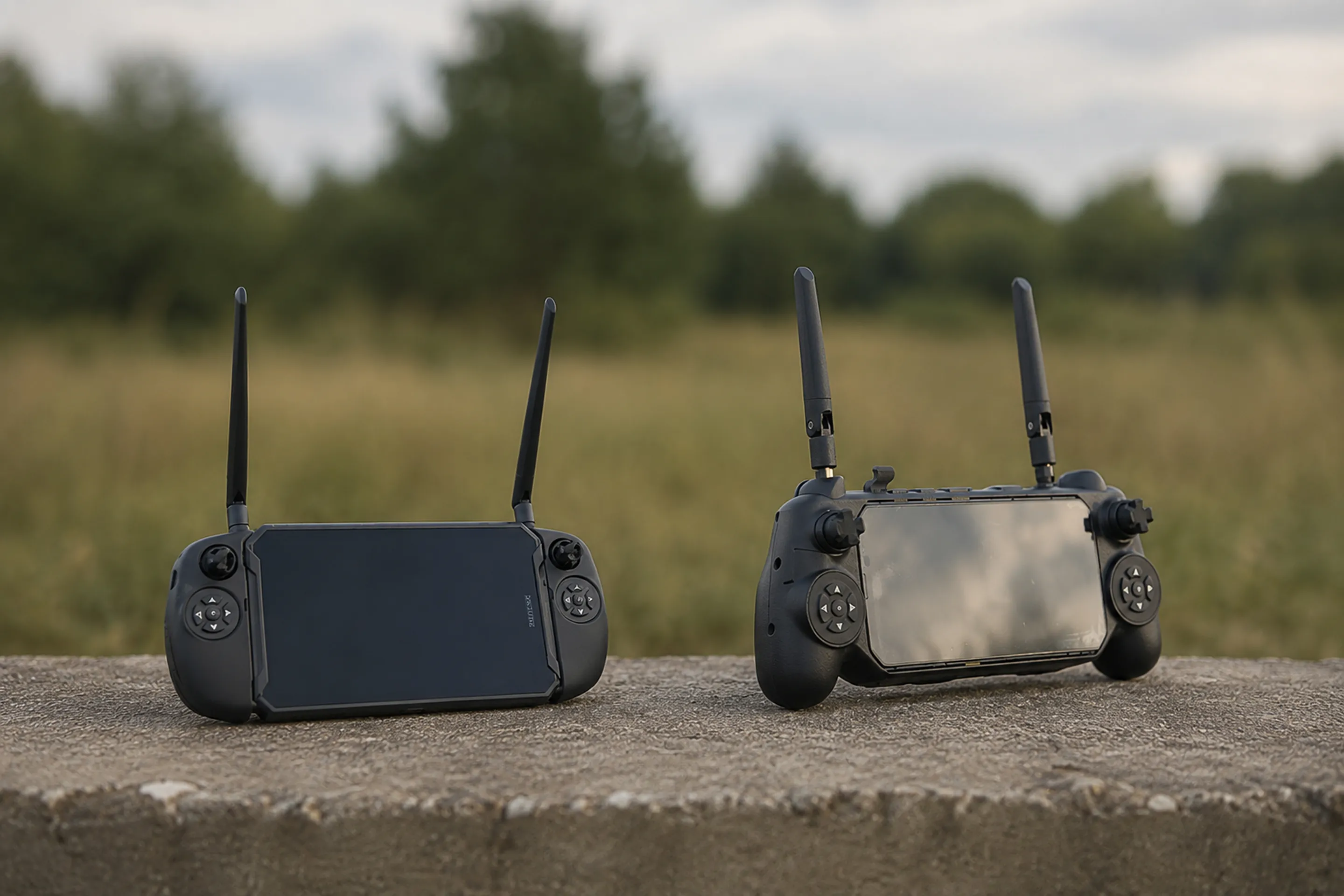 屋外のコンクリートの表面に置かれた2つの黒いゲームコントローラー、どちらもアンテナがついていて、スマートフォンを画面として挟んでいる。