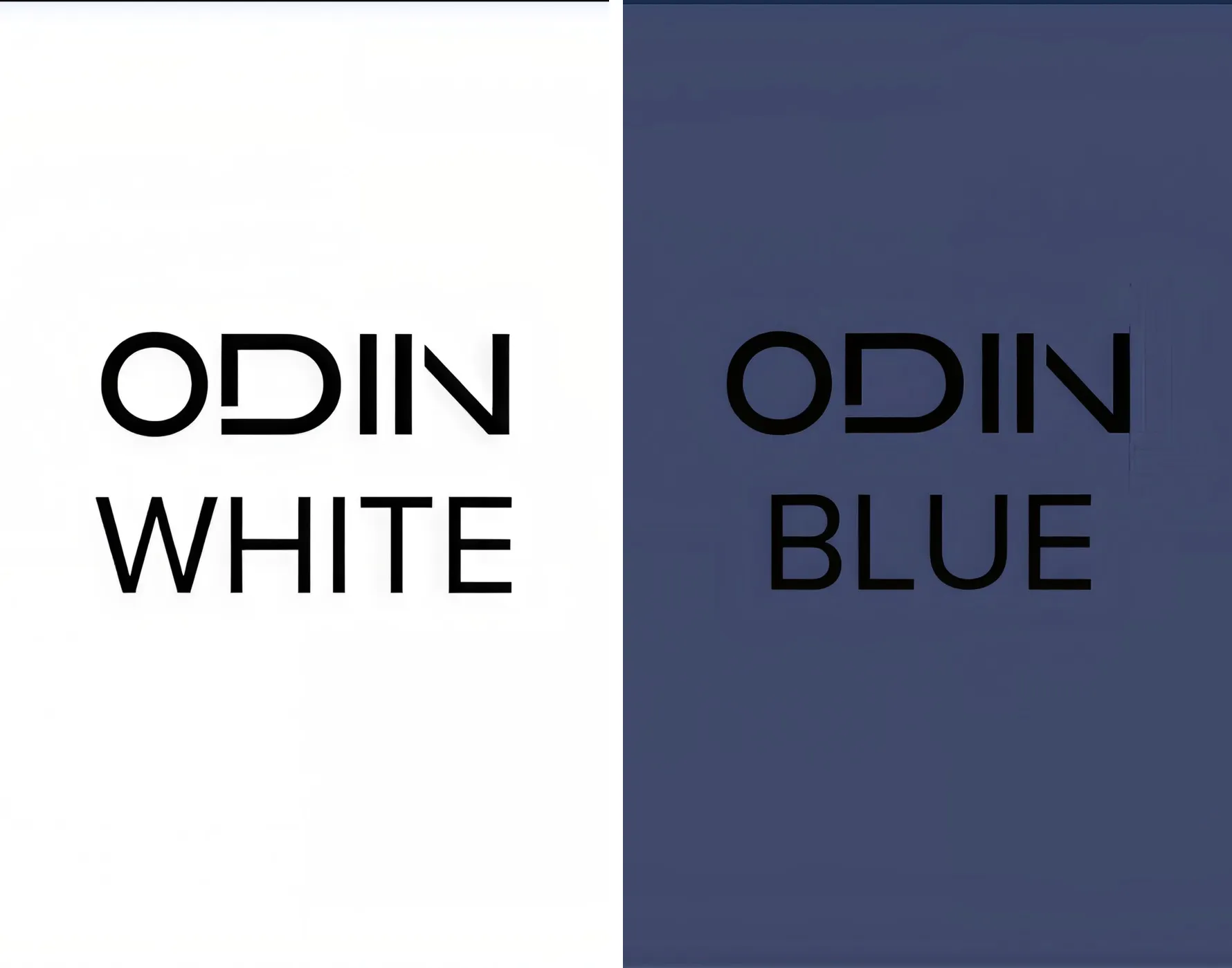 白い背景に黒い文字で「ODIIN WHITE」と表示された左側と、青い背景に黒い文字で「ODIIN BLUE」と表示された右側の二分割された画像。