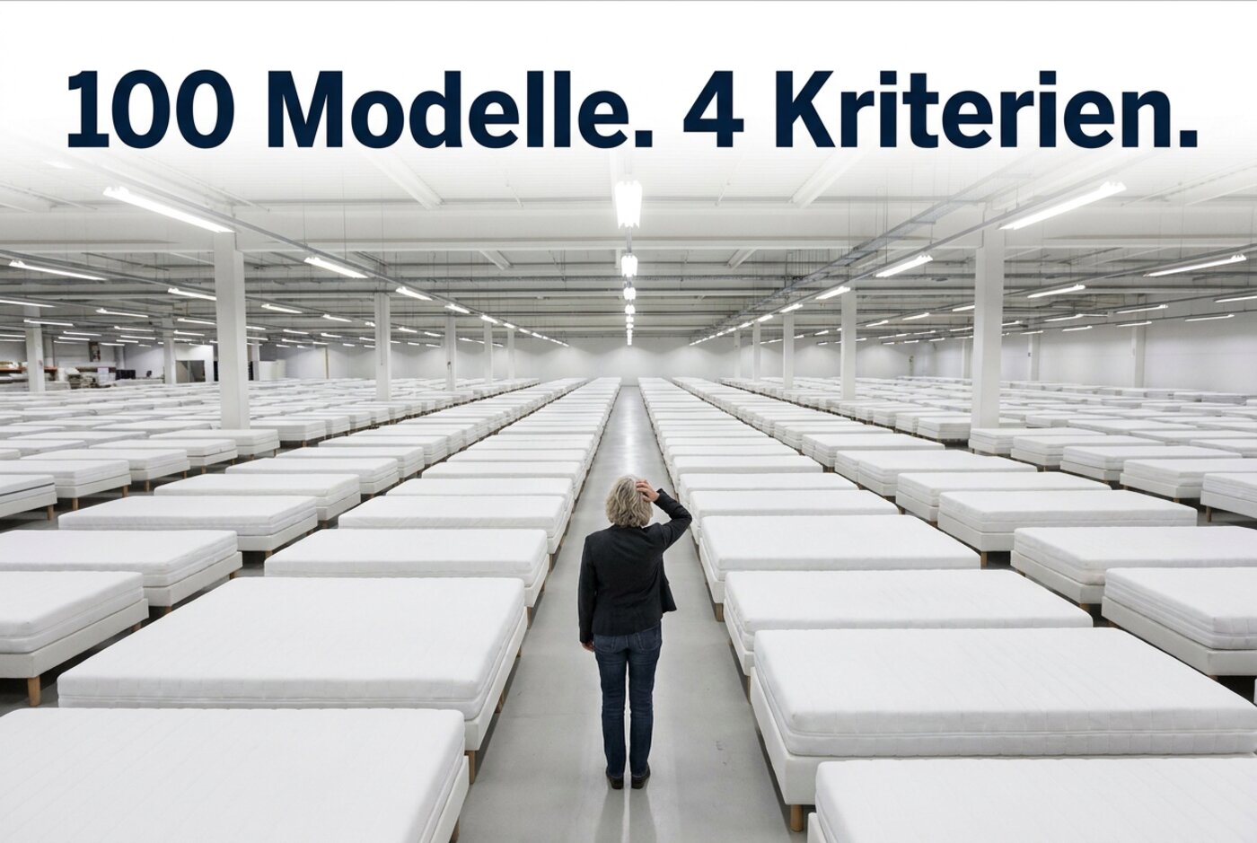 Infografik-Titelbild: 100 Modelle, 4 Kriterien – Frau in Matratzen-Showroom