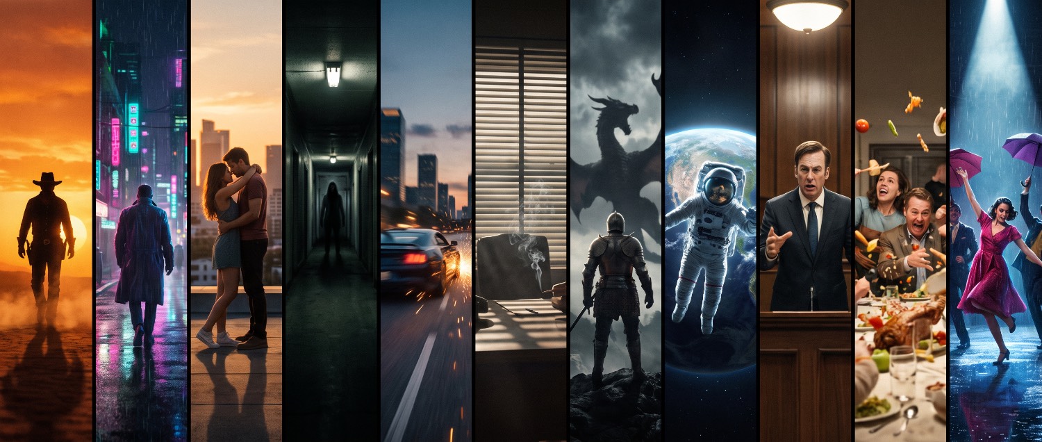 Film strip of genre stills being indexed in parallel