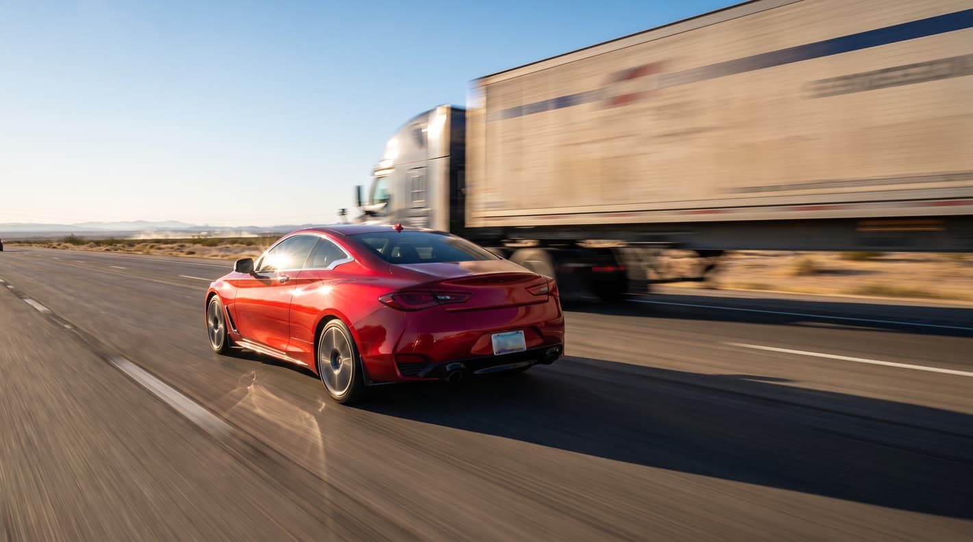 Red coupe overtaking a truck on a coastal highway