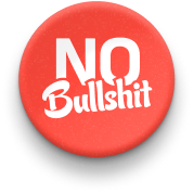 Badge rouge rond avec le texte blanc « NO Bullshit » en majuscules et caractères cursifs.