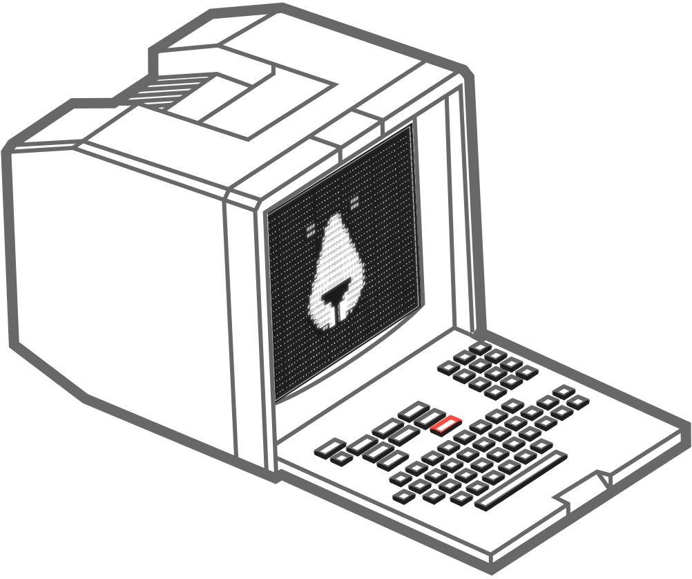 Illustration d'un terminal informatique vintage avec un écran affichant une icône en forme de goutte ou flamme blanche et un clavier intégré avec une touche rouge mise en évidence.