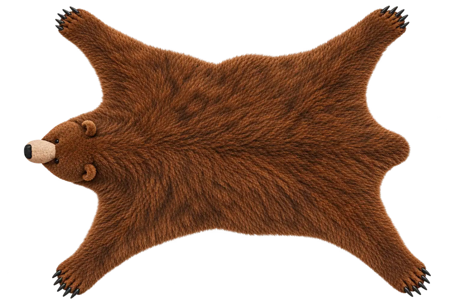 Peau d'ours brun étalée, avec la tête, les pattes et les griffes visibles, sur fond transparent.