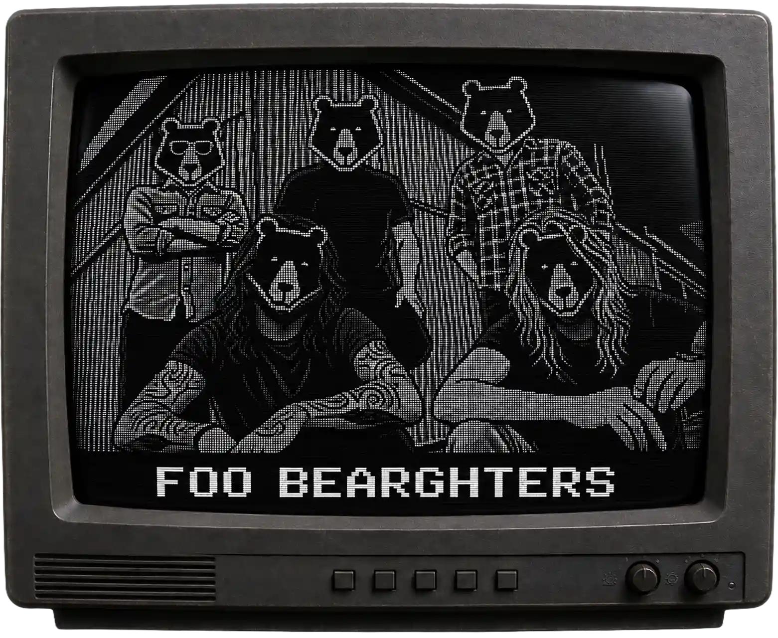 Image en noir et blanc sur un écran de télévision rétro montrant un groupe de cinq personnes avec des têtes d'ours dessinées numériquement, certaines avec des cheveux longs et des tatouages visibles, portant des vêtements décontractés, avec le texte "FOO BEARGHTERS" en dessous.