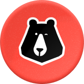 Icône d'une tête d'ours noir stylisée avec un œil clin d'œil sur un fond rouge circulaire.