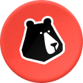 Icône circulaire rouge avec une silhouette noire et blanche stylisée d'un ours en position de profil.