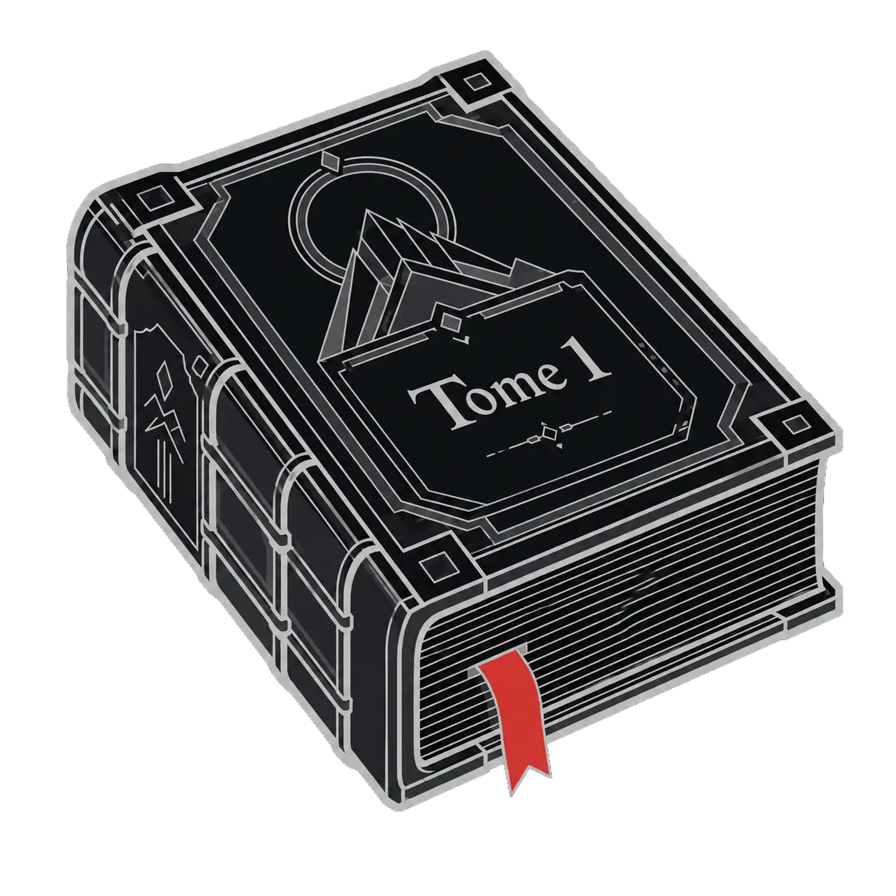 Illustration d'un livre épais noir avec des motifs géométriques gris, une étiquette au centre indiquant "Tome 1" et un marque-page rouge dépassant de la tranche.