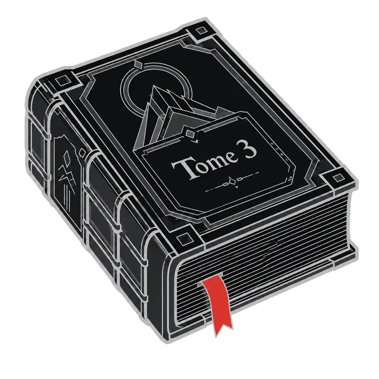 Illustration d'un livre épais noir avec un ruban marque-page rouge dépassant du bas, portant l'inscription "Tome 3" sur la couverture décorée de motifs géométriques argentés.